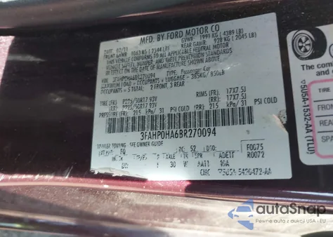 2011 Ford Fusion Se z USA, uszkodzony, nr VIN 3FAHP0HA6BR270094